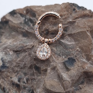 Dancing Pear Diamonds Nose Septum Clicker Cartilage Earring 14k Solid Gold Helix Piercing Jewelry Conch Hoop