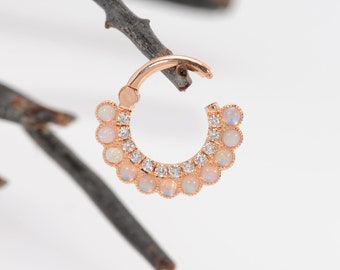Opal Piercing Jewelry 14k Solid Gold Daith Septum Clicker White Diamond Helix Hoop Cartilage Earring