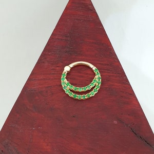 Septum Clecker Double Ring 14k Solid Gold Emerald Stone - Etsy