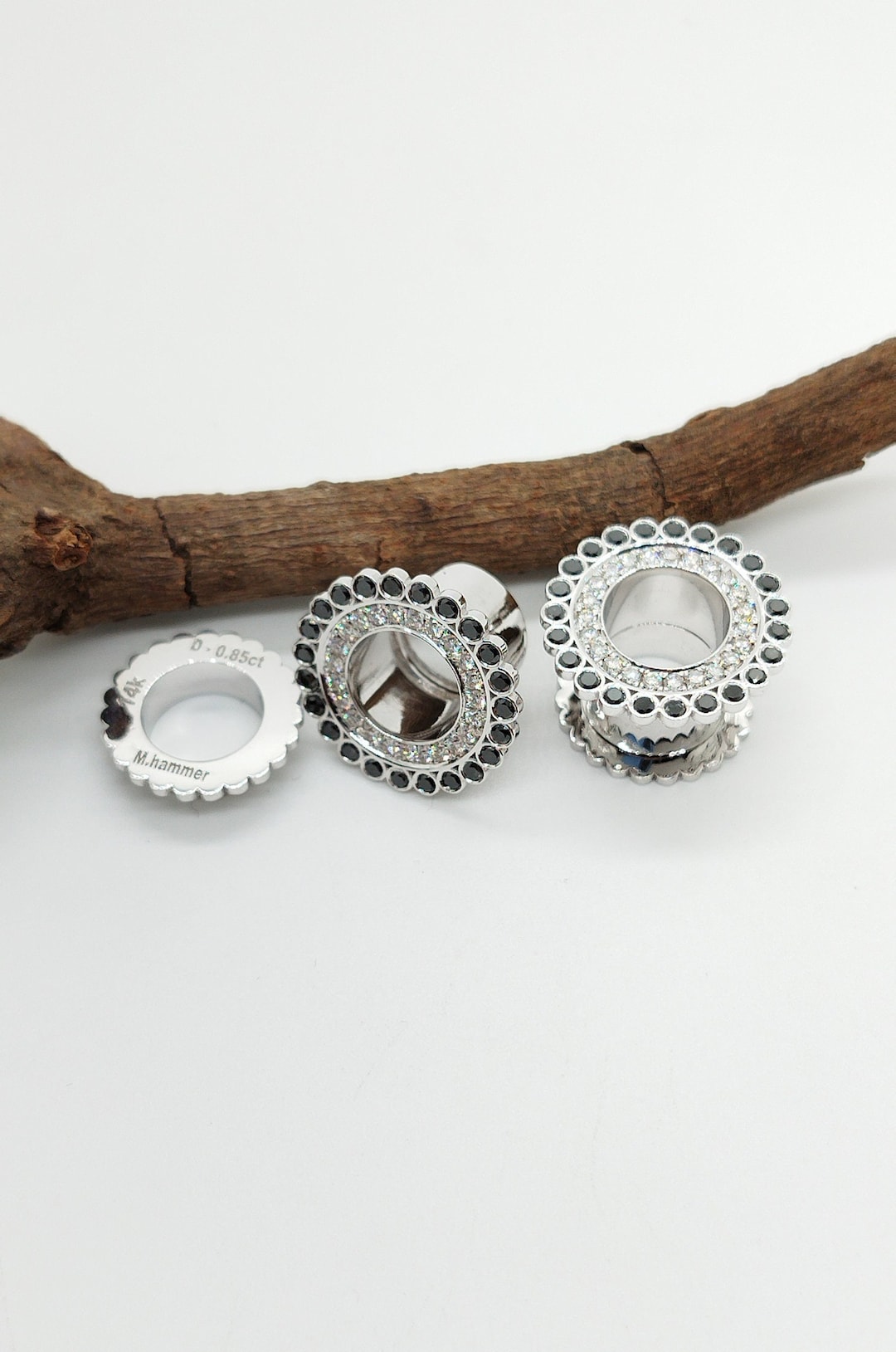 Ear Gauges 14K Solid Gold White Diamonds Black Diamonds Gauge Earrings