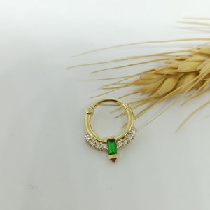 Emerald Septum Clicker 14k Solid Gold White Diamonds Cartilage Piercing Daith Earring Nose Hoop