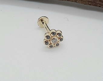 Piercing a forma di fiore per labbro, in oro massiccio 14k, con diamanti, perno piatto per labbro, perno per cartilagine e trago.
