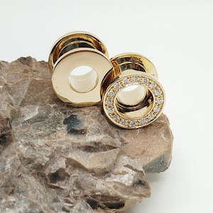 Ear Tunnels Solid Gold Double Flared White Diamonds Ear Plugs Earrings Ear Lets Piercing  Tunnel Ear Gauges Flesh Tunnles