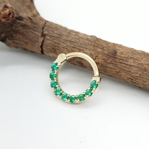 Emeralds Helix Piercing 14K Gold  Ear jacket Hoop Earring  Ear cuff  Daith Septum Clicker