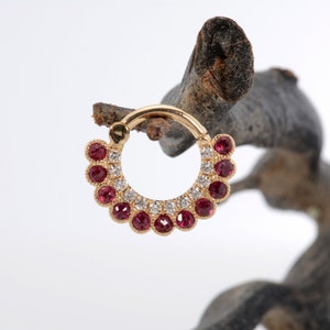 Helix Septum Clicker 14k Solid Gold White Diamonds Ruby Stone Piercing  Nose Hoop  Septum Ring Custom Piercing Jewelry
