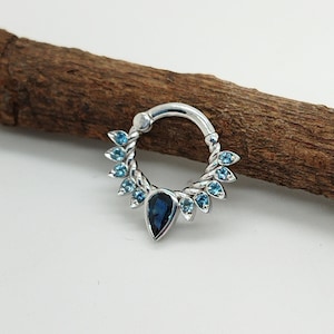 Helix Piercing Jewelry Septum Clicker 14k Pear Sapphire Topaz Blue London Daith Earring Nose Hoop