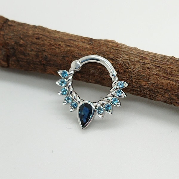 Helix Piercing Jewelry Septum Clicker 14k Pear Sapphire Topaz Blue London Daith Earring Nose Hoop