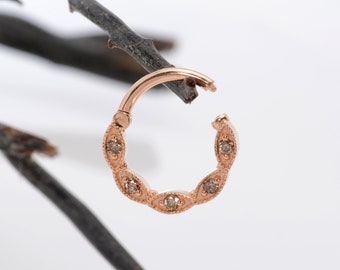 Cognac Diamonds Daith Earring 14k Solid Gold Helix Jewelry Nose Hoop