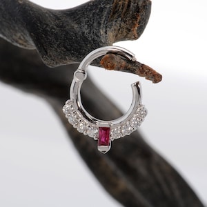 Cartilage Septum Clicker 14k Solid Gold White diamonds Baguette Ruby Helix Earring Daith Hoop