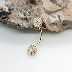 Eyebrow Piercing  Belly Curved Barbell Snug Piercing Bar White Diamond 14K Solid Gold  Navel Piercing