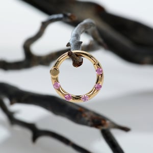 Cartilage Pink Sapphires 14k Gold Daith Earring Nose Ring Helix Hoop Tragus Jewelry Septum Piercing Ear Cuff