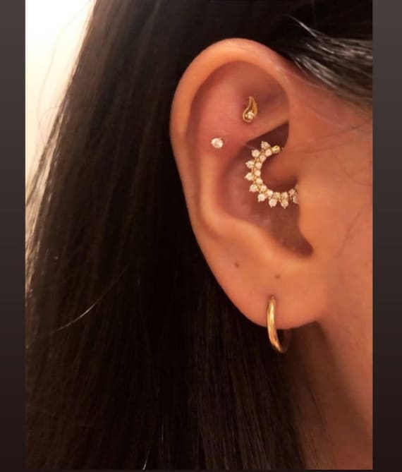 Daith Septum Clicker Double Ring White Diamonds 14k Solid Gold