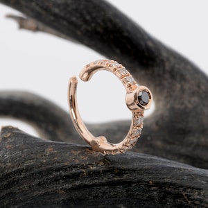 Conch Piercing Earring 14k Solid Gold Septum Clicker White  Black Diamonds  Helix Hoop