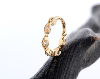 Conch Piercing 14k Solid Gold Septum Clicker White Diamonds Helix Hoop Ear Cuff Cartilage Earring