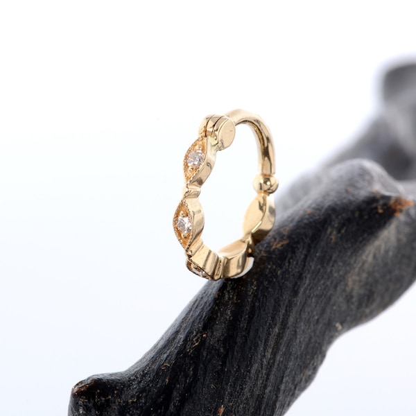 Conch Piercing 14k Solid Gold Septum Clicker White Diamonds Helix Hoop Ear Cuff Cartilage Earring