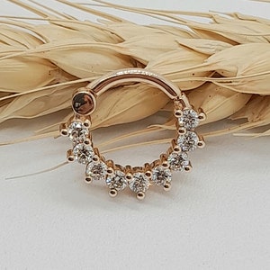Daith Septum Clicker 14k Solid Gold White Diamonds Helix Hoop Jewelry Nose Ring  Cartilage Earring