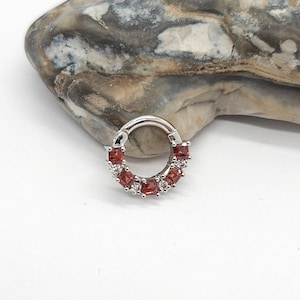 Princess Garnet White Diamonds Hoop Earring 14k White Gold