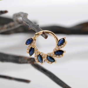 Cartilage Marquise Sapphires Septum Clicker 14k solid gold White Diamonds Helix Earring Daith Hoop