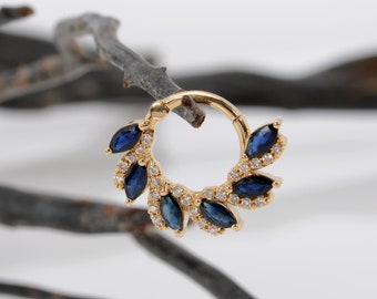 Cartilage Marquise Sapphires Septum Clicker 14k solid gold White Diamonds Helix Earring Daith Hoop