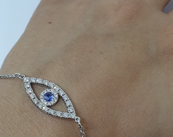 Diamonds Bracelet 14k Gold Designer's Bracelet Unique Evil Eye Diamond Sapphire Bezel Bracelet