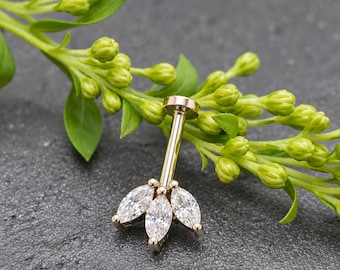 14K Yellow Gold Vertical Helix Labret Piercing  Lab Grown Marquise Diamonds