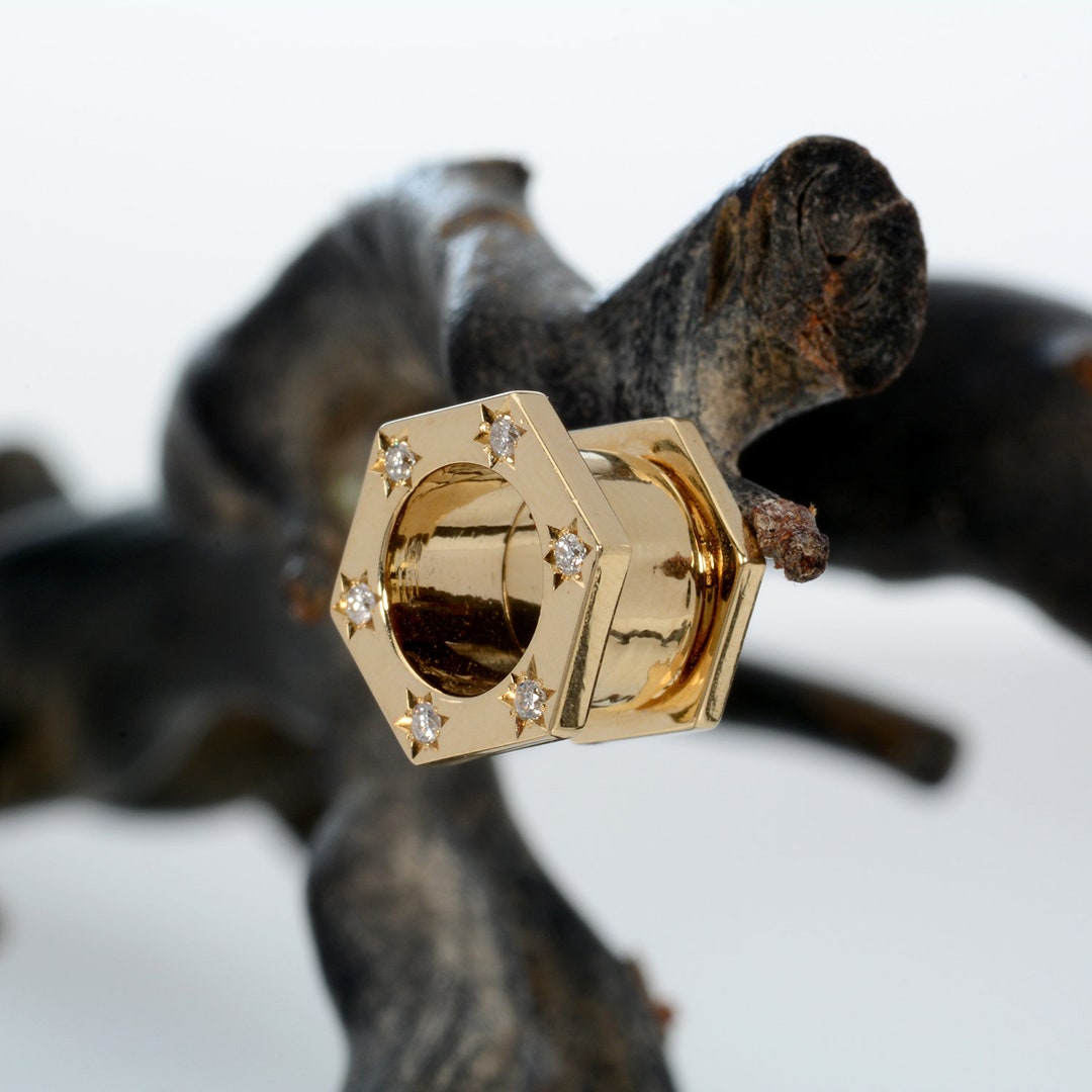 Real Gold Ear Tunnels Plugs Gauge Ear Plugs Ear Tunnels Gold Tunnels White Diamonds Custom