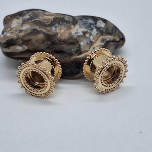 14K Gold Screw Back Tunnels  Yellow Gold Ear Plugs Beaded Edge Unisex Gauges Stretched Ears