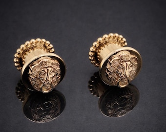 Lion Solid Gold Ear Tunnels Ear Gauges 14k Plugs Piercing  Ear Tunnels Gauge Plugs  Ear Gauged Earlets Stretchering