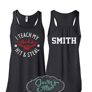 Glitter Baseball Mom Tank Top| I teach my kids to hit and steal | Baseball Mom | Bella Canvas Flowy Racer Back Tank | Customize Colors