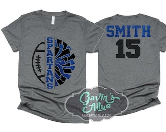 May include: Two gray t-shirts with a blue and black glitter design. One shirt has the word "SPARTANS" and a football design. The other shirt has the name "SMITH" and the number "15".