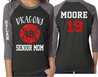 Maglietta per mamma di baseball senior con glitter / Maglietta a maniche 3/4 / Maglietta per mamma di baseball personalizzata