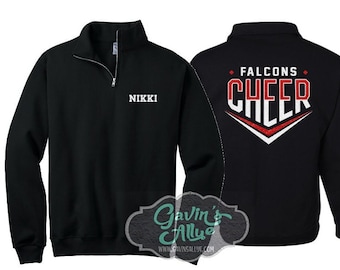 May include: Black quarter-zip sweatshirt with the word "NIKKI" embroidered on the left chest and "FALCONS CHEER" in red and white on the back.