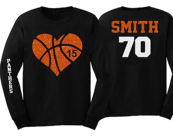 Glitter Basketball Shirt | Long Sleeve Shirt | Heart Basketball  | Customize Your Team & Colors