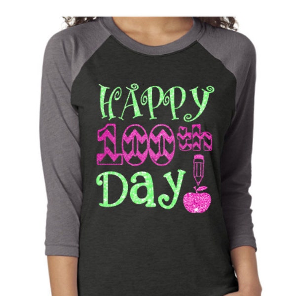 Glitzer Happy 100th Day Shirt | 100th Day 3/4 Arm Raglan Shirt Jugend | 100 Tage Schule | Jugendliche oder Erwachsene