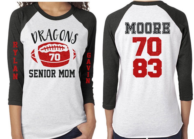 Moedershirt voetbal | Shirt voor senioren met glitters | Raglan met 3/4-mouwen | Twee namen Twee cijfers | Team en kleuren aanpassen afbeelding 2