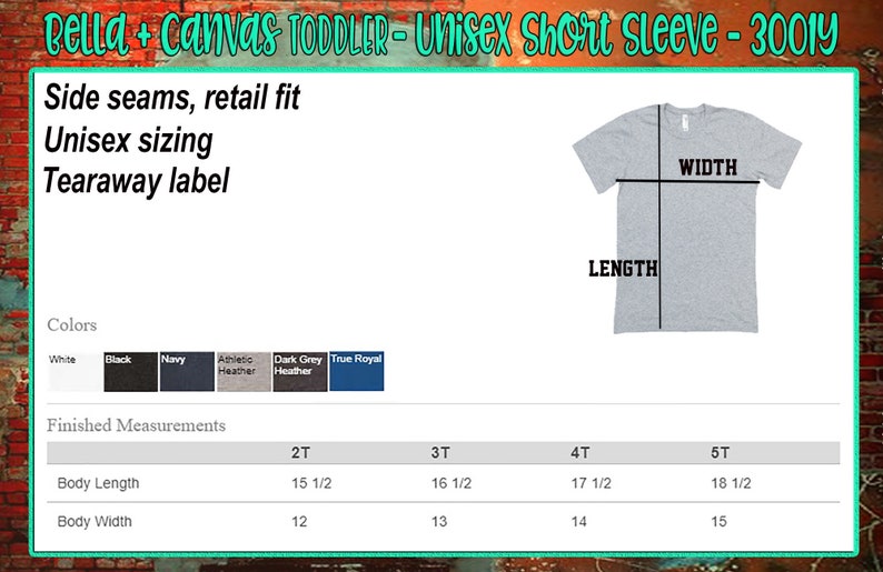 K&ouml;nnte beinhalten: Eine Gr&ouml;&szlig;entabelle f&uuml;r ein Unisex-T-Shirt mit kurzen &Auml;rmeln f&uuml;r Kleinkinder. Die Tabelle zeigt die Ma&szlig;e f&uuml;r K&ouml;rperl&auml;nge und K&ouml;rperbreite in Zoll f&uuml;r die Gr&ouml;&szlig;en 2T, 3T, 4T und 5T. Die Tabelle zeigt auch die verf&uuml;gbaren Farben: Wei&szlig;, Schwarz, Marine, Sport-Heather, Dunkelgrau-Heather und Royalblau.