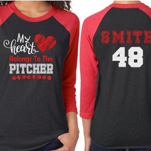 Glitter Baseball Mom Shirt | 3/4 Sleeve Raglan Shirt|My Heart belongs to the Pitcher|Customize Name & Colors