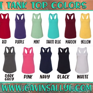 May include: A chart displaying 12 different colours of tank tops. The colours are: Heather Grey, Red, Purple, Mint, Tahiti Blue, Maroon, Yellow, Island Blue, Kelly Green, Dark Grey, Pink, Navy, Black, White, and Royal.