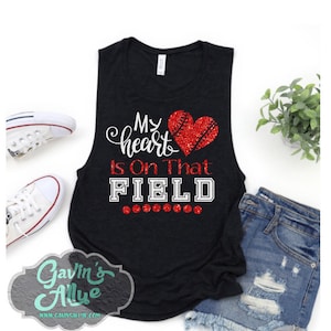Glitter Baseball Muscle Tank Tops | My Heart is that Field | Baseball Mom Tank Top | Baseball Shirts | Muscle Tank | Softball Tank