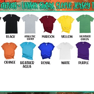 K&ouml;nnte beinhalten: Eine Tabelle mit 14 verschiedenen Farboptionen f&uuml;r ein Bella + Canvas Unisex-T-Shirt mit kurzen &Auml;rmeln. Die Farben umfassen Dunkelgrau, Schwarz, Athletisches Grau, Weinrot, Gelb, Gr&uuml;n meliert, Marineblau, Rot, Orange, Aqua meliert, Royalblau, Wei&szlig;, Lila und Waldgr&uuml;n.