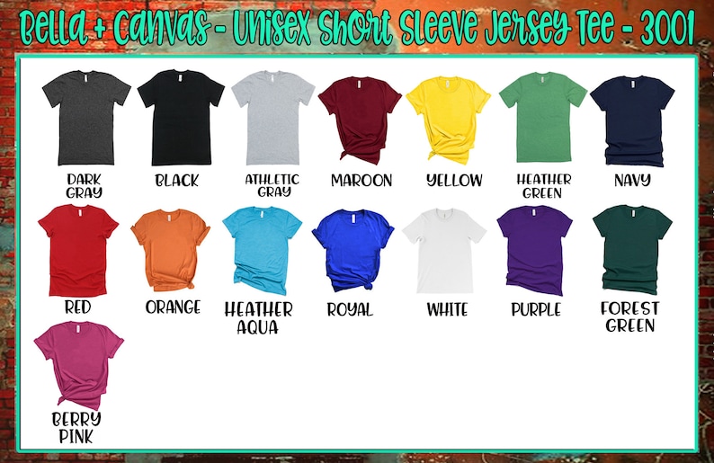 K&ouml;nnte beinhalten: Eine Tabelle mit 14 verschiedenen Farboptionen f&uuml;r ein Bella + Canvas Unisex-T-Shirt mit kurzen &Auml;rmeln. Die Farben umfassen Dunkelgrau, Schwarz, Athletisches Grau, Weinrot, Gelb, Gr&uuml;n meliert, Marineblau, Rot, Orange, Aqua meliert, Royalblau, Wei&szlig;, Lila und Waldgr&uuml;n.