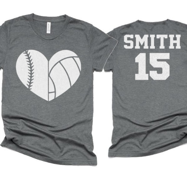 Camiseta de voleibol y sóftbol con corazón brillante / Camisetas de voleibol / Voleibol brillante / Camiseta de lona Bella / Juvenil y adulto