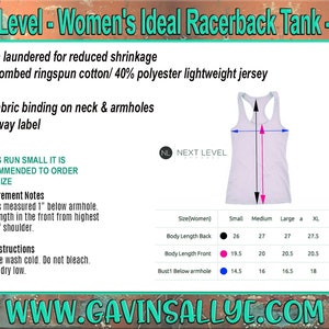May include: A white racerback tank top with the text "Next Level" on the front. The tank top is made of a lightweight jersey fabric and has a self-fabric binding on the neck and armholes. The tank top is available in sizes small, medium, large, XL, and XXL. The measurements for each size are listed in inches.