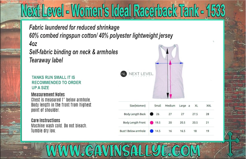 May include: A white racerback tank top with the text "Next Level" on the front. The tank top is made of a lightweight jersey fabric and has a self-fabric binding on the neck and armholes. The tank top is available in sizes small, medium, large, XL, and XXL. The measurements for each size are listed in inches.