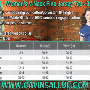 Puede incluir: Una tabla de tallas para una camiseta de punto fino de cuello en V para mujer. La tabla muestra las tallas desde la S hasta la 3XL, con las tallas num&eacute;ricas correspondientes, las medidas de busto, cintura y cadera en pulgadas.