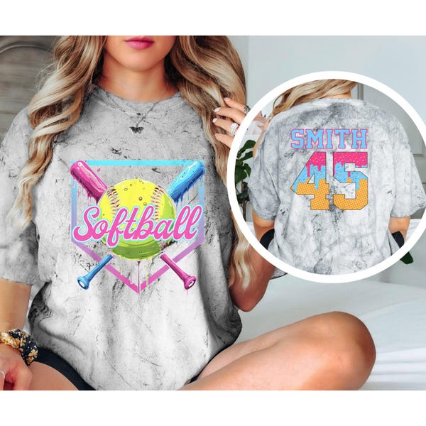 Maglietta da softball personalizzata con glitter / Maglietta da softball con stampa a goccia / Regalo per la mamma / DTF / Maglietta con stampa a goccia per gelato / Tie Dye Comfort Color / Regalo per softball