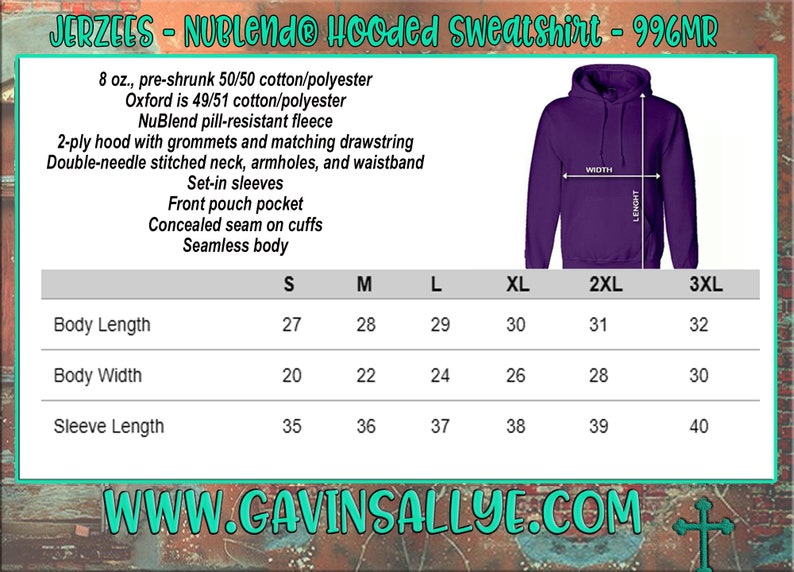 Peut inclure: Sweat-shirt &agrave; capuche violet avec un tableau des tailles indiquant les mesures en pouces pour la longueur du corps, la largeur du corps et la longueur des manches. Le sweat-shirt est compos&eacute; d'un m&eacute;lange de coton et de polyester.