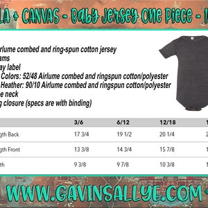 May include: Dark gray baby jersey one-piece with short sleeves. The garment is made of Airlume combed and ring-spun cotton jersey. The image includes size and measurement details, including body length and width in inches. The website www.gavinsallye.com is also visible.