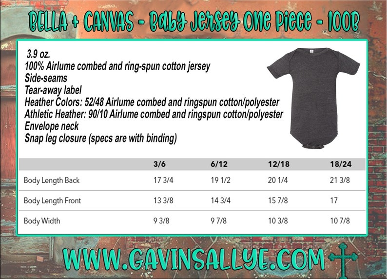 May include: Dark gray baby jersey one-piece with short sleeves. The garment is made of Airlume combed and ring-spun cotton jersey. The image includes size and measurement details, including body length and width in inches. The website www.gavinsallye.com is also visible.