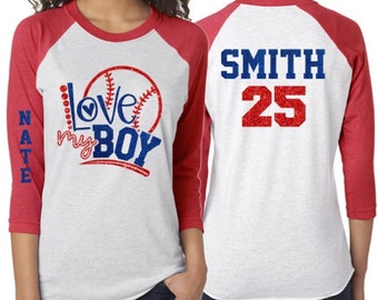 Maglietta da baseball glitterata / Love My Boy / Maglietta a maniche 3/4 / Personalizza nome e colori